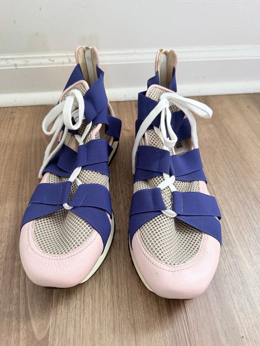 Vionnet Paris Blue Pink Mesh Leather Cross-Strap Sneakers-Size 40 (9)